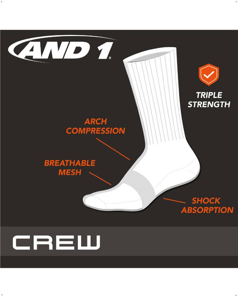 AND1 Mens Crew Socks - 12 Pack Moisture Wicking Cushioned Performance Breathable Athletic Socks for Men (Sizes: 6-12.5), Size 6-12.5, Black/Gray - Image 2